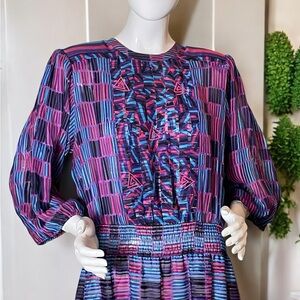 Vintage 80’s Geometric Sheer Georgette Metallic Thread Maxi Dress (M)